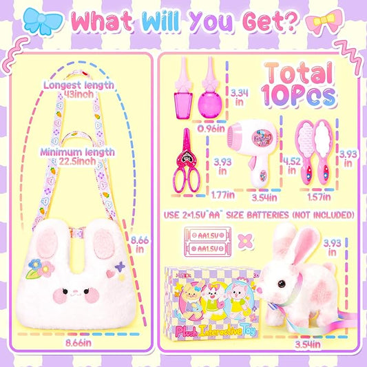 Easter Hopping Bunny Toy for Kids with Crossbody Bags, Interactive Wiggle Ears Rabbit Toy for Girls Trip Pretend Play Robot Pet Care Cute Stuff Plushies Birthday Gifts Easter Basket Stuffers