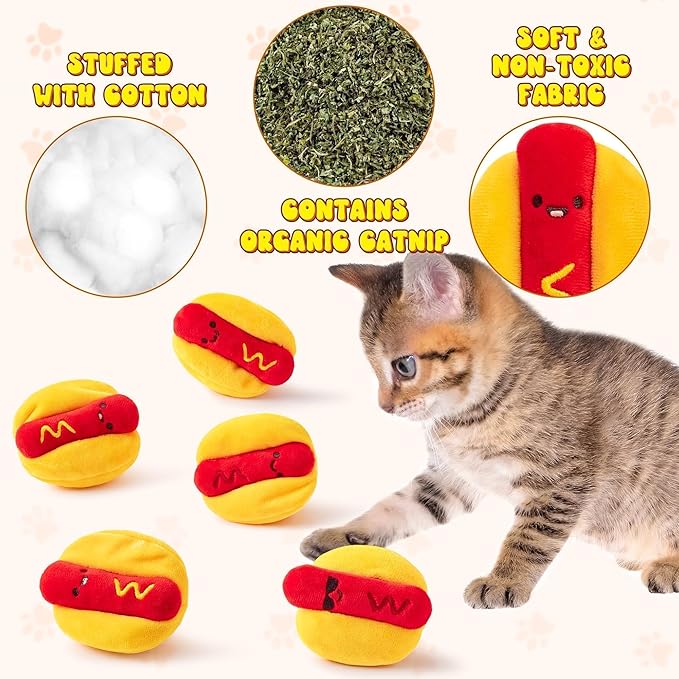 L1rabe Hot Dog Catnip Stuffed Toys - 5 Summer Gift Funny Hot Dog Cat Toys Indoor Yellow Interactive Pet Supplies, Kitten Chew Bite Tools Cat Lovers Gifts, Organic Eco-Friendly Birthday Present