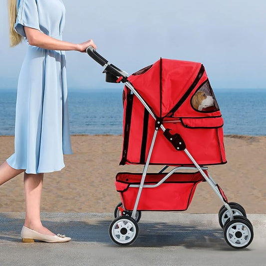 4 Wheels Pet Stroller Waterproof,Travel Stroller for Small Medium Dogs & Cats,Easy Fold with Removable Liner,Storage Basket,Red