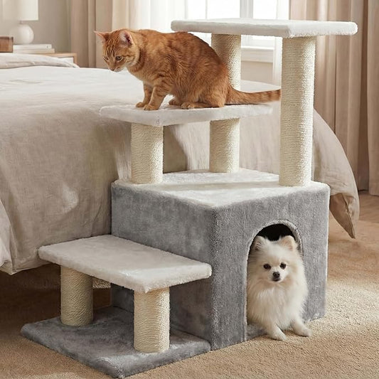 Heybly Pet Stairs for Cats, 29.5 inch High Dog Steps for Small Doggie Rabbits, 9.8''Depth Cat Stairs, Indoor Cat Ladders for High Bed for Pet's Joints, 1 Condo Cave, 6 Sisal Scratcher HSP002SWWH