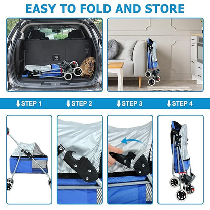 HKLGorg Dog Stroller Pet Stroller for Medium Small Dog Cat Foldable Pet Stroller with 4 Wheels Soft Pad Cat Stroller Folding Stroller Pet Gear Dog Stroller (Blue)