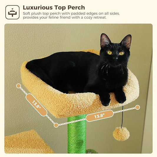 MUTTROS Cactus Cat Tree, 62-Inch Large Cat Tower for Multi-Cat Households w/Scratching Posts, Multi-Level Condo w/Cozy Top Perch & Scratching Pad, Padded Platform, 2 Pompoms, Green
