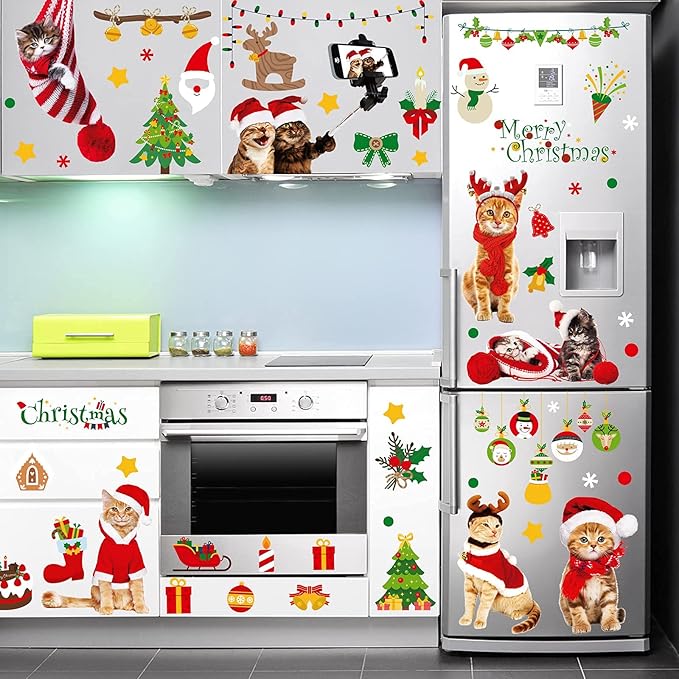 Christmas Window Clings Cat Stickers for Window Glass, 126 PCS 9 Sheets Xmas Decals Decorations Christmas Cat Tree Bells Decals for Holiday Party