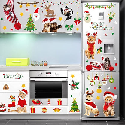 Christmas Window Clings Cat Stickers for Window Glass, 126 PCS 9 Sheets Xmas Decals Decorations Christmas Cat Tree Bells Decals for Holiday Party