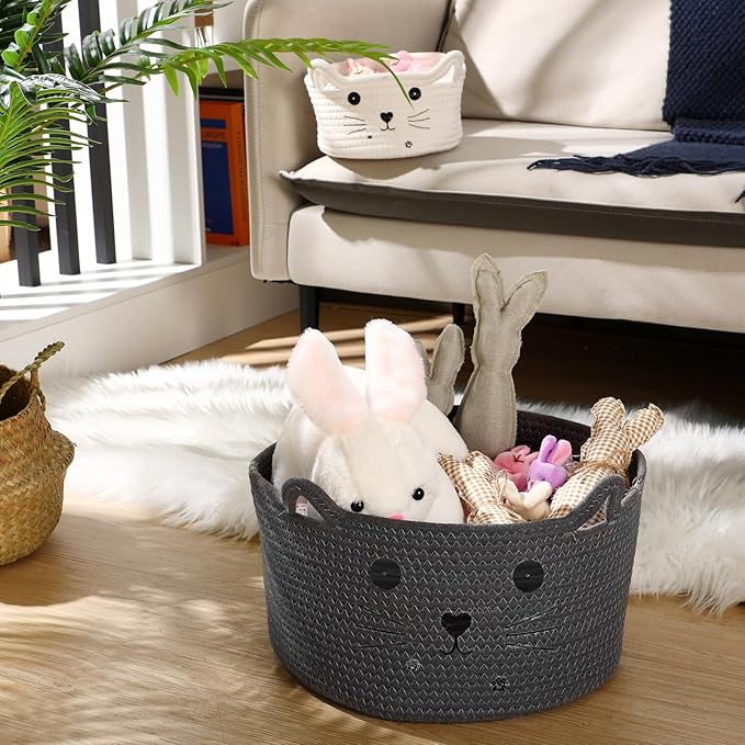 Zopeal Cat Basket Storage Woven Organizer with Ears Easter Decorative Pet Toy Cute Cotton Rope Basket for Gift Cat Dog Toy Bin Nursery Room(13.7 x 7.8 Inch,Dark Grey)