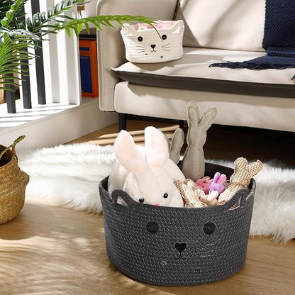 Zopeal Cat Basket Storage Woven Organizer with Ears Easter Decorative Pet Toy Cute Cotton Rope Basket for Gift Cat Dog Toy Bin Nursery Room(13.7 x 7.8 Inch,Dark Grey)