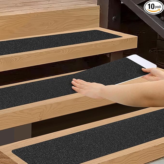 Outdoor Stair Treads Non-Slip Step Strips for Wooden Steps 10 Pack 6” x 30” Anti Slip Grip Tape Precut for Outside Stairs, Non Skid Stair Tread Mats Weather Resistant for Outdoors, Black