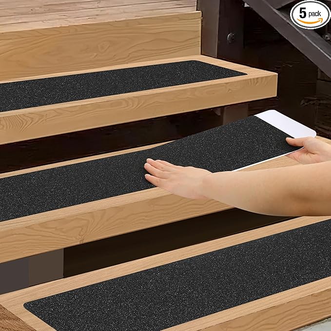 Outdoor Stair Treads Non-Slip Step Strips for Wooden Steps 5 Pack 6” x 24” Anti Slip Grip Tape Precut for Outside Stairs, Non Skid Stair Tread Mats Weather Resistant for Outdoors, Black