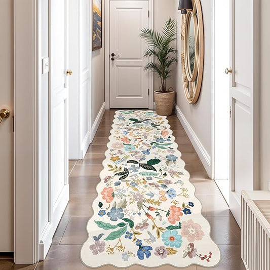 2x10 Washable Hallway Runner Rug: Long Floral Scalloped Soft Runners for Kitchen Entry Thin Non Slip Bathroom Nursery Floor Mat Water Resistant Low Pile 10ft Carpet for Living Room Bedroom(2x10,Cream)