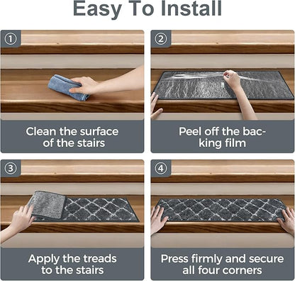 Non Slip Microfiber Stair Treads for Wooden Steps, 15PCS 8"x30" Indoor Safety Carpet, 3D Cut & Loop Tufted Edging Mats with TPE Adhesive Backing, Pet & Elderly Friendly Stair Rugs (Charcoal/White)