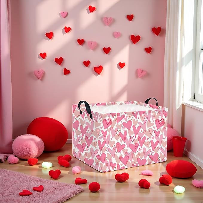 Rectangular Valentines Basket for Women Girls Storage Bin Organizer Box Shelf Room Decor(Romantic Hearts)