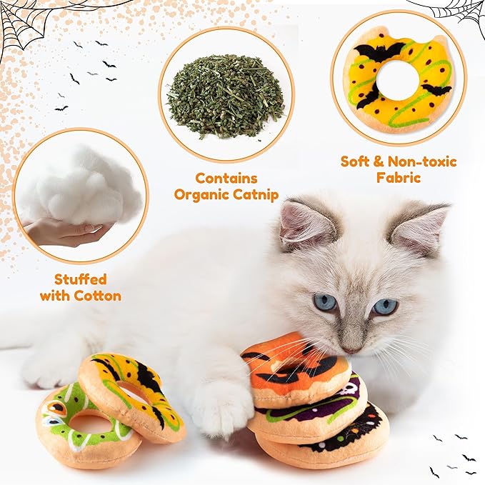 L1rabe Summer Catnip Cat Toys - 5Pcs Donut Catnip Stuffed Kittens Supplies, Funny Pumpkin Bat Spider Dessert Pet Toys, Fun Cats Chew Bite Teething Tool Catmint Birthday Interactive Supplies