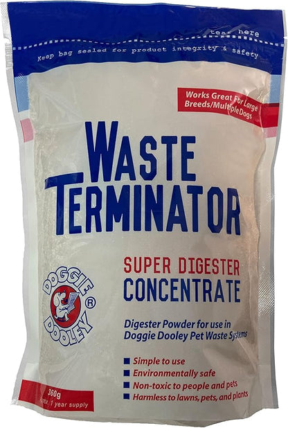 Doggie Dooley Waste Terminator Powder - 360 Gram - Pet Digester Concentrate for In-Ground Disposal Unit - Breaks Down Waste and Odors - Resealable Pouch - 1 Year Supply for Large Breeds - White