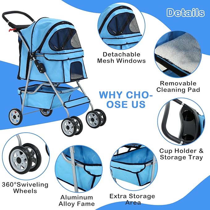 4 Wheels Dog Stroller, Foldable Pet Stroller for Small Medium Dogs, Portable Breathable Cat Stroller Dog Strollers with Storage Basket, Cup Holders, Removable Liner for Travel & Outdoor Use, Blue