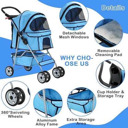 4 Wheels Pet Stroller Waterproof,Travel Stroller for Small Medium Dogs & Cats,Easy Fold with Removable Liner,Storage Basket,Blue
