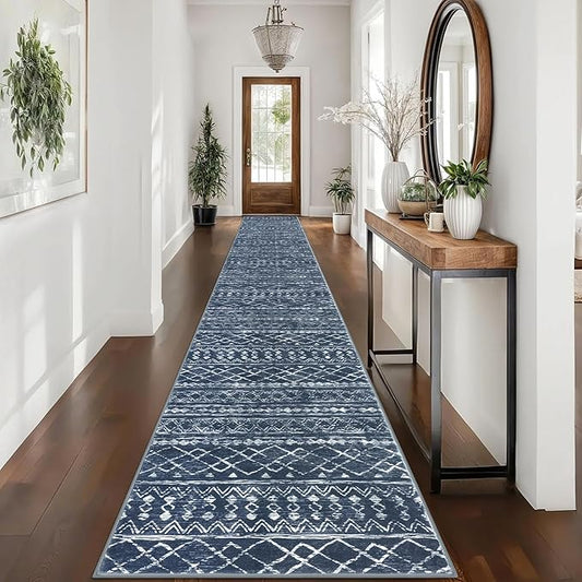 KUTA Boho Runner Rug for Hallway 2.6x16 Moroccan Washable Navy Blue Rugs Non-Slip Vintage Long Kitchen Runners Soft Geometric Floor Carpet for Bedroom Laundry Living Room