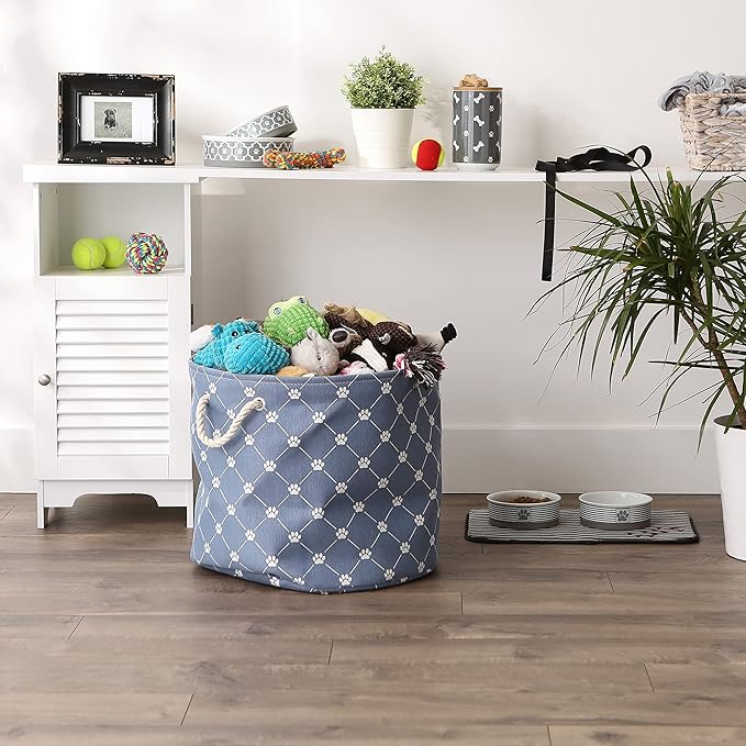 Bone Dry Pet Storage Paw and Bone, Trellis Collection, Large Round, 15x18x18, Stonewash Blue
