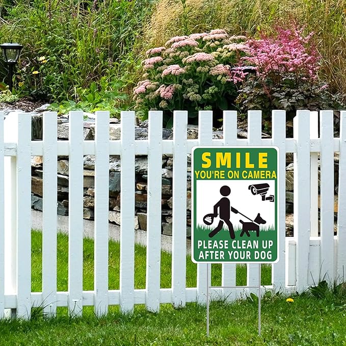 Clean UP After Your Dog Signs, 2-Pack 13"x10" Double-Sided H-Stake Metal Stakes Smile Your on Camera Signs, No Pooping Dog Signs for Yard, Pick Up After Your Dog Sign