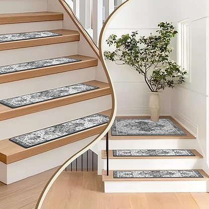 Non-Slip Carpet Stair Treads 4PCS, 8"x30" Peel and Stick Stair Runner for Wooden Steps Indoor, Washable Reusable Adhesive Backing, Pet-Friendly Safety Mats for Kids, Elders, Dogs
