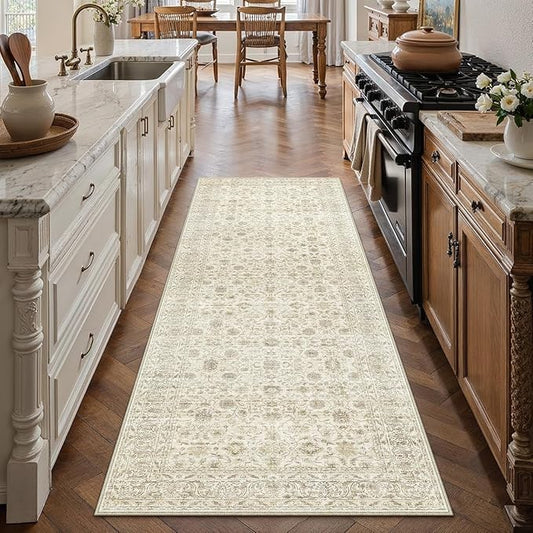2x6 Runner Rug Machine Washable Hallway Kitchen Vintage Distressed Non Slip Carpet Indoor Small Long Low Pile Thin Beige Bedroom Bathroom Retro Accent Throw Rug Laundry Living Room
