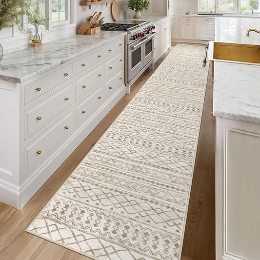 KUTA Boho Runners for Hallways 2.6x16 ft Moroccan Beige Washable Long Hall Carpet Non-Slip Vintage Soft Distressed Geometric Kitchen Runner Rug for Bedroom Laundry Living Room