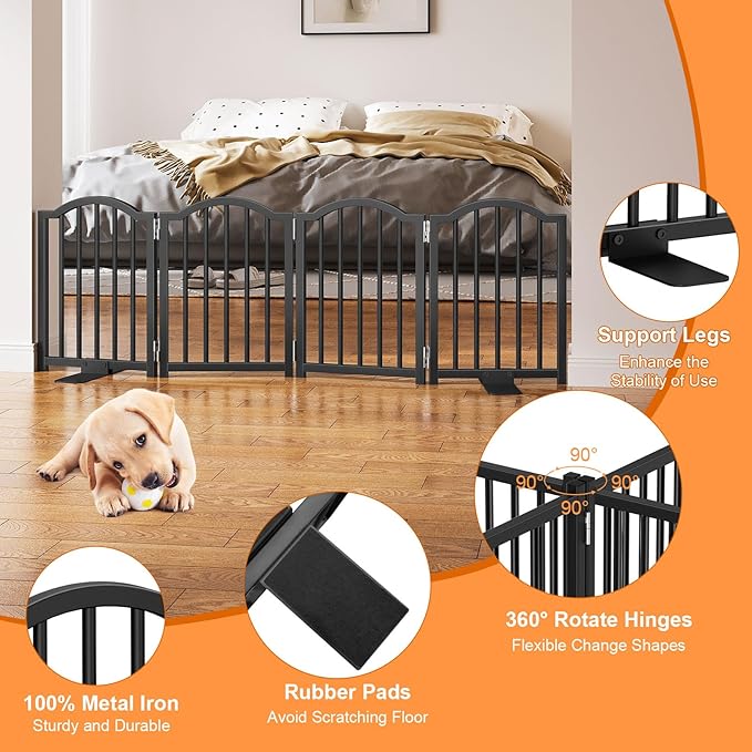 Snughome Short Dog Gate Indoor, 16" High Freestanding Small Dog Door Gate with Support Feet, Expands Up to 48’’ Wide Foldable Pet Gates for Doorway, 4 Panel Folding Pet Door Pet Fence for Puppy, Black