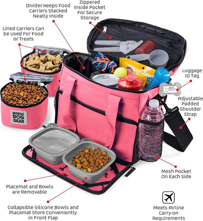 Mobile Dog Gear, Week Away Dog Travel Bag for Small Dogs, Includes Lined Food Carriers and 2 Collapsible Dog Bowl, Pink