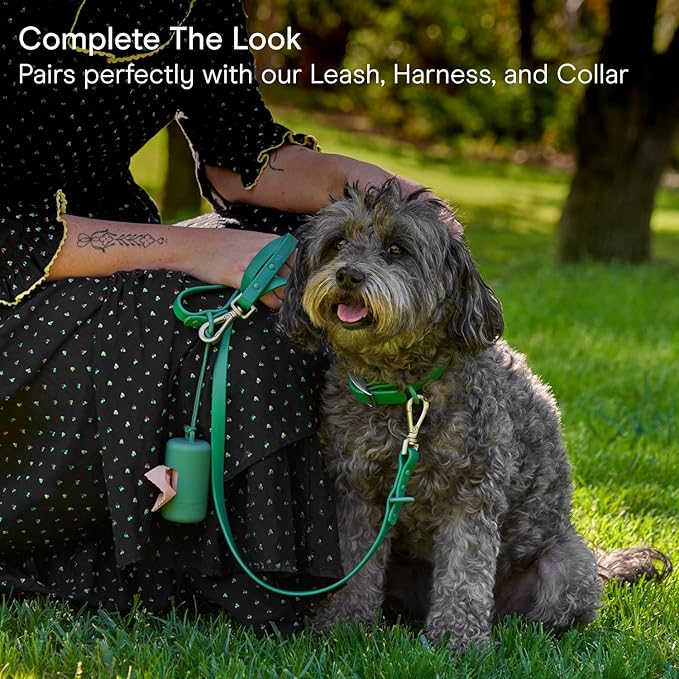 Wild One Dog Poop Bag Holder and Dispenser with Leash Attachment, Leak Proof, Easy Twist Top for Refills, Includes 1 Box Of Bags, Spruce