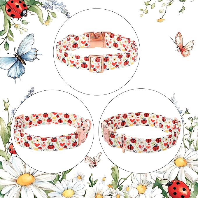 Cute Dog Collar for Small Dogs - Red Ladybug & Blooms Dog Collars, Adjustable Heavy Duty Pet Collar for Dog Moms & Kids with Metal Buckle S