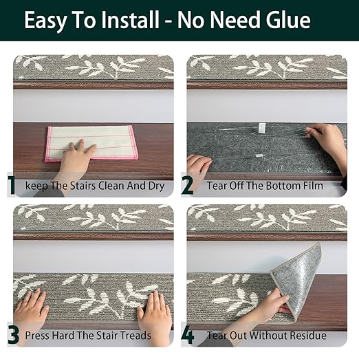 Carpet Stair Treads, Non-Slip Stair Treads for Wooden Steps Indoor, 30”x8” Stair Runner for Pets Non Skid Wood Staircase Step Treads Reusable, Set of 15, Grey
