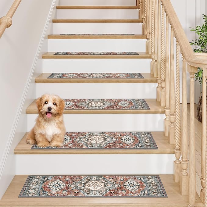 OJIA Stair Treads Non Slip for Wooden Steps Indoor 15PCS Carpet Stair Treads, Rubber Backing Stair Carpet Treads, 8"x30" Staircase Step Treads Edging Stair Rugs for Kids & Pets, Rust Red