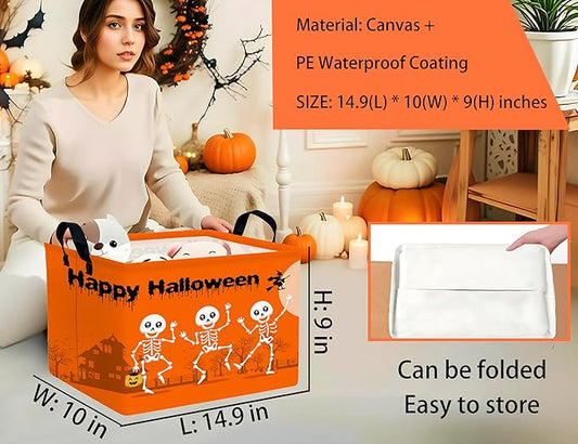 Large Halloween Themed Candy Gift Boo Basket for Kids Baby Personalized Adults Storage Bin Fall Decor(Orange Dance Skeleton)