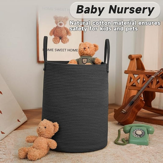 Large Woven Laundry Basket Hamper,80L Cotton Rope Storage Bin for Blankets,Toys and Clothes,Decorative Tall Nursery Hamper for Living Room,Baby Nursery,Bathroom and Bedroom,Black