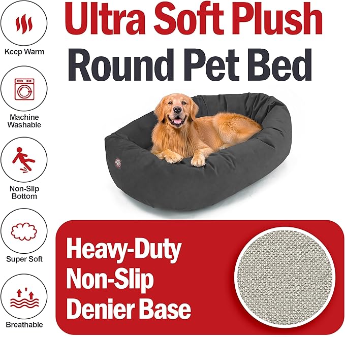 Majestic Pet Suede Shredded Memory Foam Mix Calming Dog Bed Washable - Cozy Soft Round Dog Bed with Spine for Head Support - Fluffy Donut Dog Bed, 40 Inch, Gray