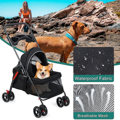 Pet Stroller for Small Dogs Cats, 360 Degree Rotatable Foldable Pet Travel Carrier Pets Strolling Cart with Visible Mesh Adjustable Canopy Cup Holder Rear Wheel Dual Brake 1 Set