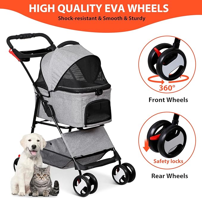 4 Wheels Dog Stroller Folding Pet Strolling Cart for Small Medium Cats Puppies with Storage Basket Cup Holder Detachable Carrier, Gray