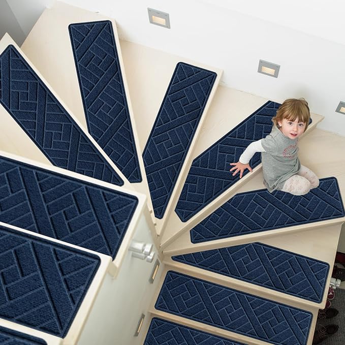Non-Slip Carpet Stair Treads for Indoor Wooden Steps, Made of Polyester and Reusable Adhesive, Suitable for Kids Elders and Pets of 15 Pack 8 "X 30" （Navy Lines）