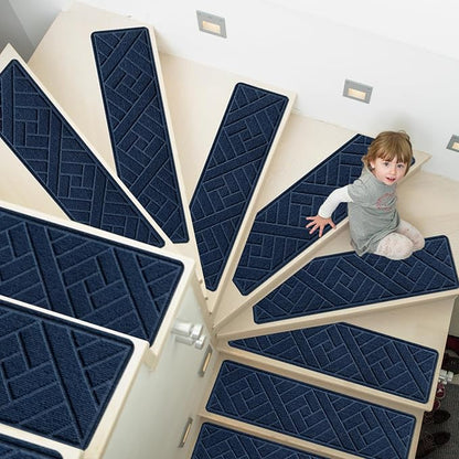 Non-Slip Carpet Stair Treads for Indoor Wooden Steps, Made of Polyester and Reusable Adhesive, Suitable for Kids Elders and Pets of 15 Pack 8 "X 30" （Navy Lines）