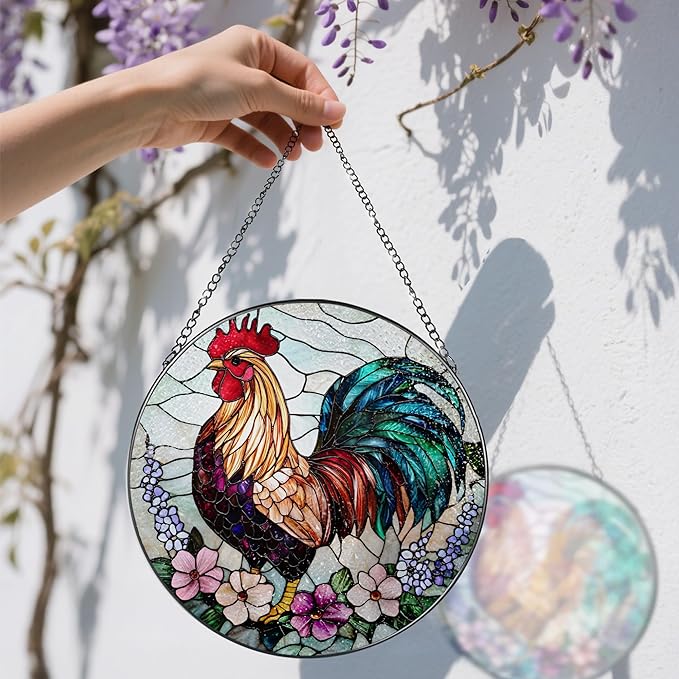 8″ Colorful Rooster Suncatcher, Stained Glass Window Hanging Ornament, Farmhouse Style Window Decor — Christmas Ornaments | Gifts for Christmas, Holiday Present, Gift Exchange, Gift Ideas