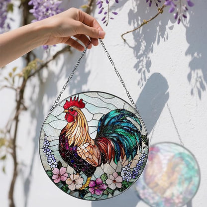 8″ Colorful Rooster Suncatcher, Stained Glass Window Hanging Ornament, Farmhouse Style Window Decor — Christmas Ornaments | Gifts for Christmas, Holiday Present, Gift Exchange, Gift Ideas