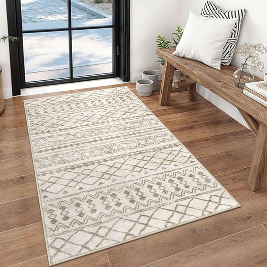 KUTA Boho 3x5 Rug for Entryway, Moroccan Washable Area Rug for Living Room, Non Slip Beige Navy Blue Ultra Soft Print Distressed Geometric Low-Pile Entry Throw Carpet for Bedroom Nursery Dorm Decor