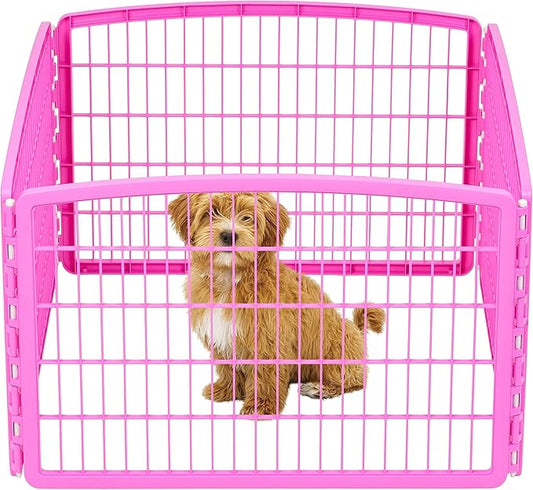 IRIS USA 24" Exercise 4-Panel Pet Playpen, Puppy Pet Small Medium Dog Pen Keep Pets Secure Easy Assemble Rust-Free Heavy-Duty Molded Plastic Customizable, Pink