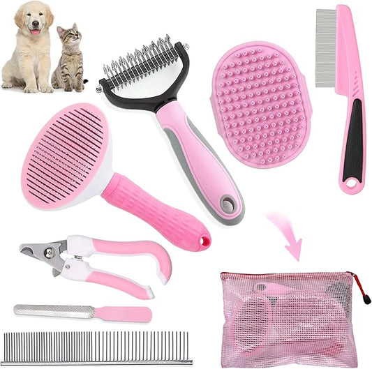 Dog Brush Dog Grooming Kit 7PCS Dogs Brush for Shedding-Dogs Brushes for Grooming, Dematting Comb, Cat Nail Clipper with Nail File, Flea Comb, Pet Comb, Bath Brush-Pink