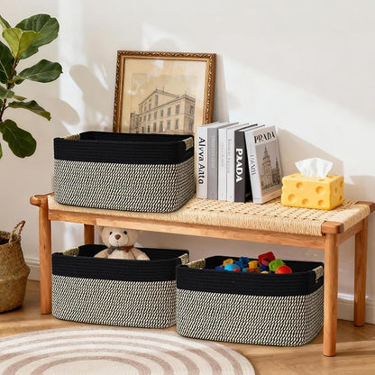 4 Pack Large Storage Basket for Organizing, 17.5"x13"x7" Woven Basket for Shelves, Closet Cube Storage Bins with Wrapped Handle, Cotton Rope Baskets for Kitchen, Clothes, Toys(Black & Brown)