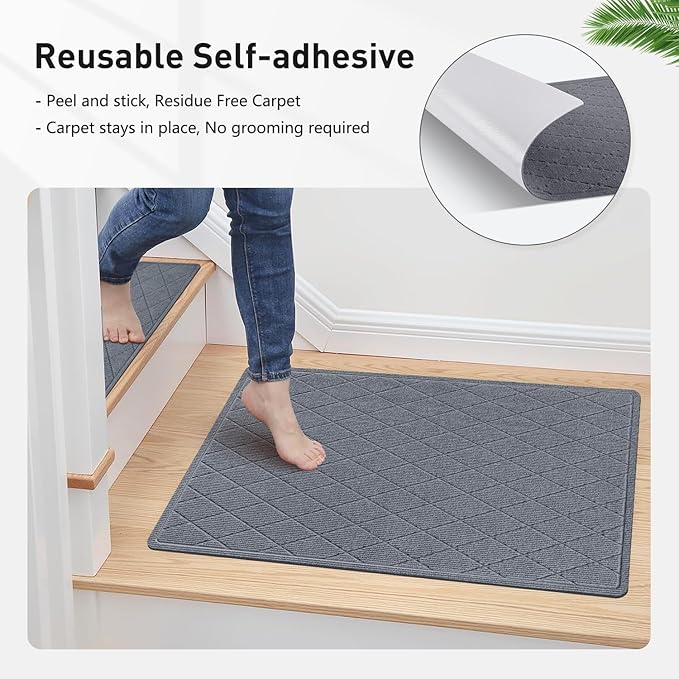 Stair Treads Non Slip Landing Rug for Wooden Steps Indoor, Peel and Stick Stair Treads Matching-Mat 20"X32" Landing Slip Resistant Stair Rugs for Kids and Dogs, Polyester Stair Landing Mat, Grey Blue