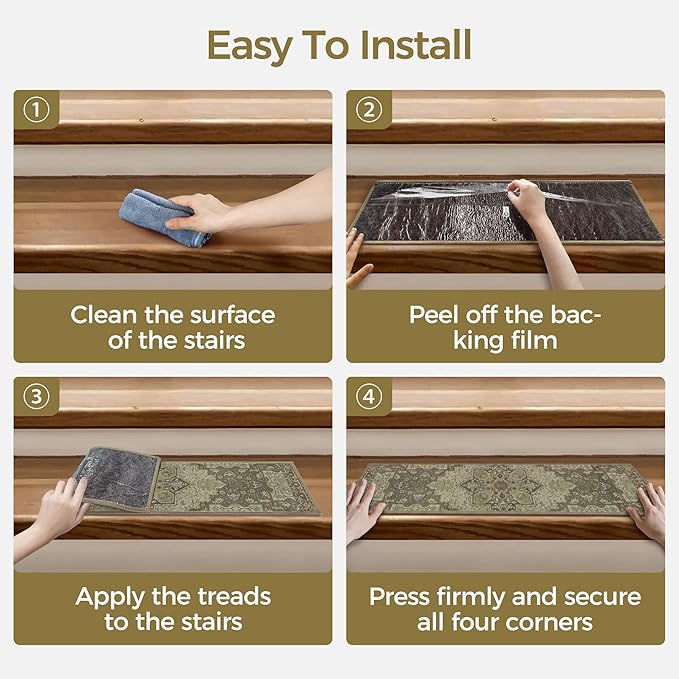 Non Slip Stair Treads for Wooden Steps 15PCS - 8"x30" Indoor Safety Carpet, Edging Mats with TPE Adhesive Backing, Pet and Elderly Friendly Stair Rugs (Sage)