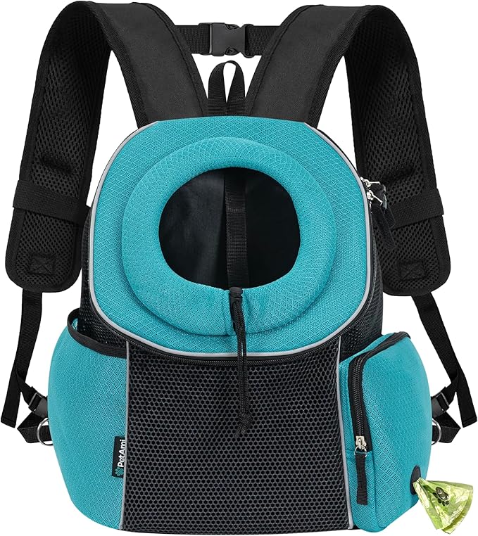 PetAmi Front Carrier Backpack, Ventilated Adjustable Pet Chest Carrier for Dog Cat, Hiking Camping Travel, Small Puppy Medium Cat Carrying Bag, Max 10 lb, Sea Blue