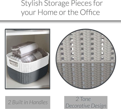 Simplify 2 Tone Sailor Knot Plastic Storage Tote | Decorative Basket | Closet Organization | De-clutter | Accessories | Toys | Bathroom Organization | Medium | Grey/Grey
