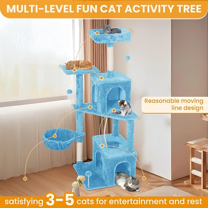 Cat Tree, 54-Inch Cat Tower for Indoor Cats, Soft Plush Multi-Level Climbing Cat Condo with Scratching Posts, Basket, Perches,2 Caves,2 Pompoms Play House for Cat(Blue)
