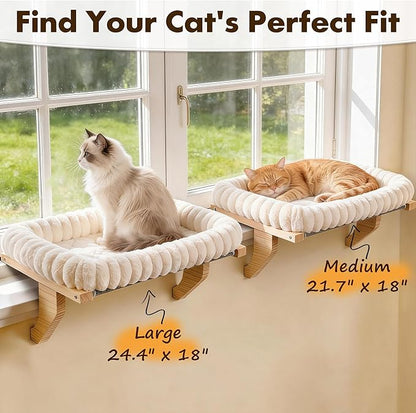 Cloud-Cuddle Cat Perch for Window Sill with Bolster, Natural Wood & Metal Frame Cat Window Seat for Large Cats, Easy to Adjust Zipper Cushion Pet Bed for Windowsill (Large)